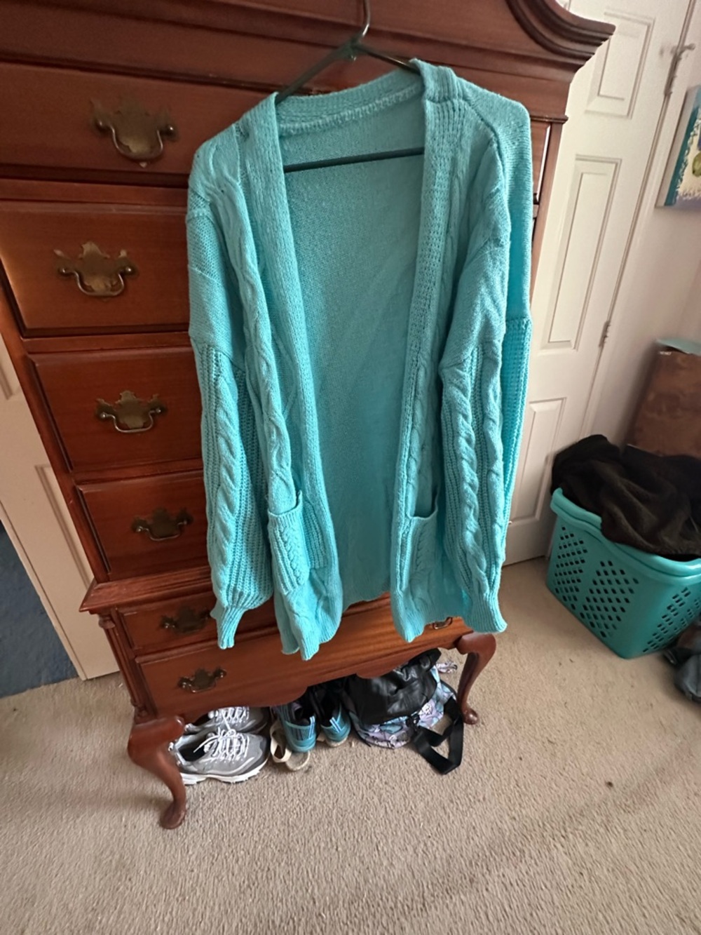 Open-Front Aqua Cable Knit Women's Cardigan Sweater